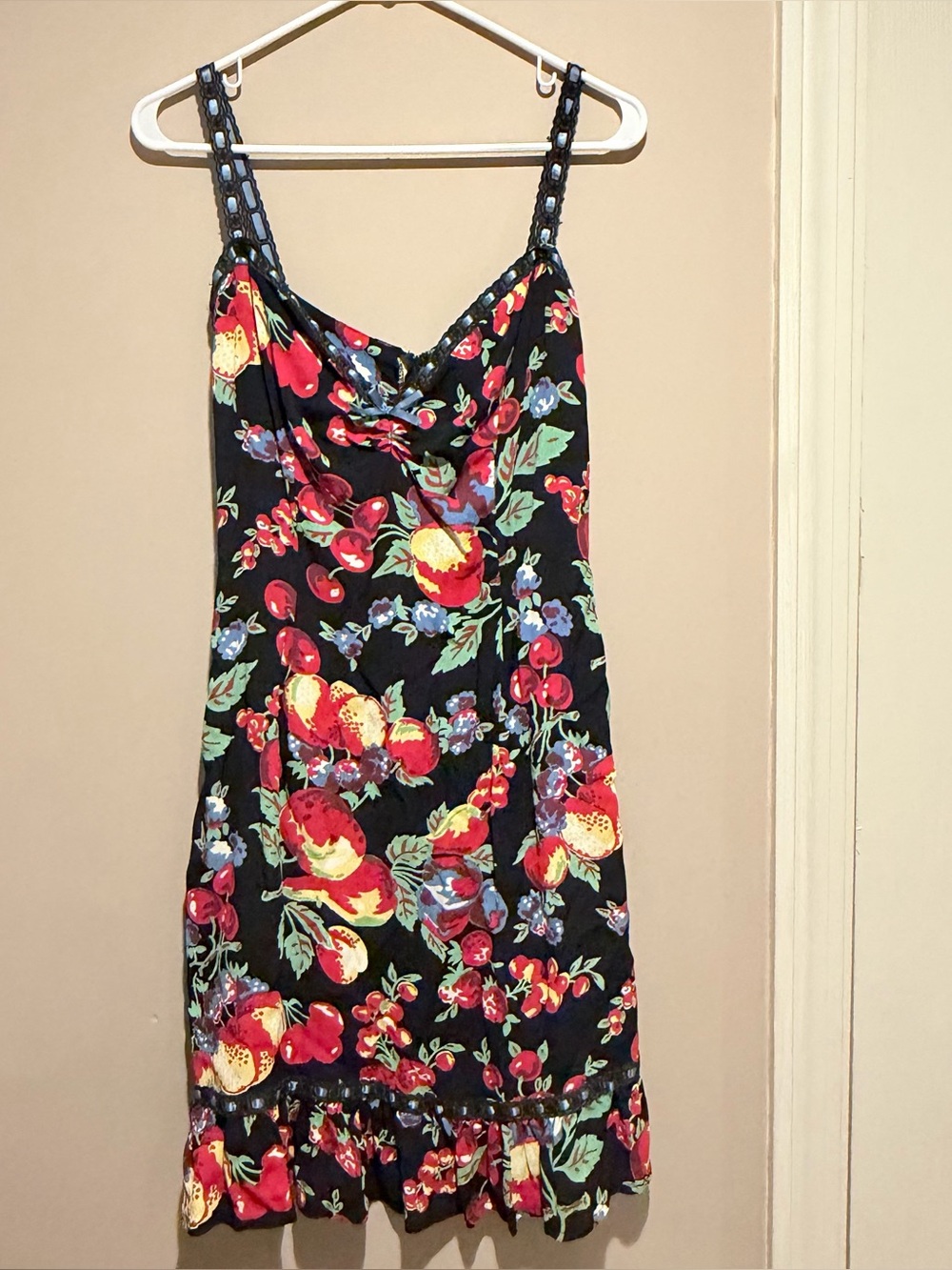 Vintage Dixiefried Cha Cha Wiggle Dress Black Fruit Print Lace Trim Pinup Rockab